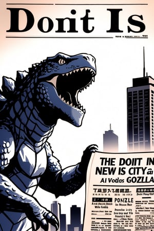 old newspaper clipping, letters in English,The title of the newspaper is "DOIT", close-up news of a photo of GODZILLA [PONYXL] - Zilla attacked the city, 