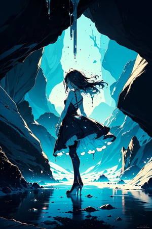 The Slime Girl stands staring into nothing as her diamont skin drips upon the cave floor and her dress wafts in the breeze, she is the abandonee and is alone forevermore in artbook anime art style