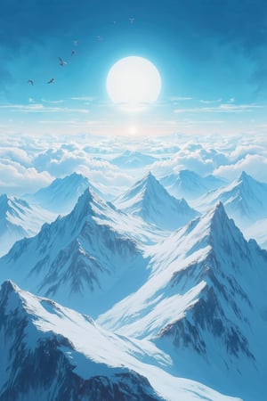 Score_9, Score_8, Score_7, top of an ice mountain, horizon, view of a sea of ​​clouds and icy mountain peaks, bright sun, midday, birds flying in the sky,Mecha, anime style, ultra detailed, masterpiece, wallpaper, 4k,Flat Anime Niji Style