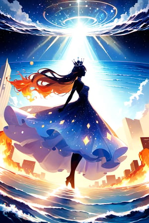 DonMW15pXL, watching the world from a distant place beyond the stars, slime goddess in the form of a woman, wearing a flaming diamond dress and a crown, imposing, ocean, goddess clothing, wallpaper, city in the middle of the sea, wallpaper, foreground 