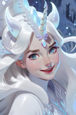 intricate details, white skin, floating sheets of ice, unicorn horn in forehead, iridescent horn, detailedface, unicorn female, pale skin, 1girl, long white hair, perked horse ears, aloof smile,