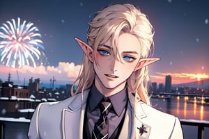 Masculine,(beautiful detailed face, beautiful detailed eyes),(((best quality,masterpiece))),(a beautiful man,(pin striped, necktie) white suit),(Snow cover, fireworks, sunset, cityscape),more detail XL,EpicSky,cloud, long blond hair,blue eyes, pointed ears, elf ears, clean shaven, vampyr, vampire,1guy, chaotic expression, 3/4th view, nodf_lora,Void volumes