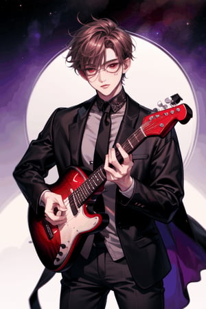 (((1boy))) head to toe,	wild_hair, short_hair, dark brown_hair,  a beautiful argentinian model, simple gradients, skin grain detail, brown eyes, long eyelashes, glasses, full lips, gangly, broad shoulders, confused, musician, guitarist, starry_sky, Vampire,1guy