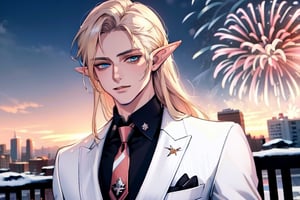 Masculine,(beautiful detailed face, beautiful detailed eyes),(((best quality,masterpiece))),(a beautiful man,(pin striped, necktie) white suit),(Snow cover, fireworks, sunset, cityscape),more detail XL,EpicSky,cloud, long blond hair,blue eyes, pointed ears, elf ears, clean shaven, vampyr, vampire,1guy, charming expression, 3/4th view, Void volumes