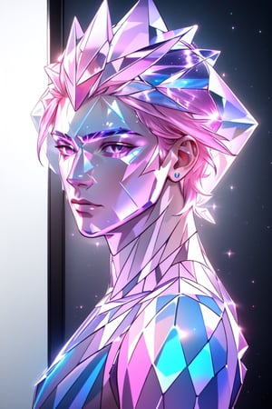 ((image of a man fully sculpted from glass)), ((glass head to toe)), embodying fluidity and grace, ((man made of mirror)), ((skin replaced as glass)), ((fully transparent skin)), ((transparent skin)), ((iridescent skin)), ((transparent face)), ((glass as face)), closeup, realistic, detailed, ultra detailed realistic illustration, ultra high definition, 8k, unreal engine 5, ultra sharp focus, highly detailed, vibrant, soft pink light, magenta eyes, {(((crystal))) hair}, passionate expression, full body