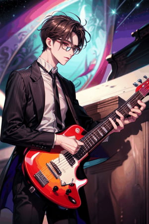 (((1boy))) head to toe,	wild_hair, short_hair, dark brown_hair,  a beautiful argentinian model, simple gradients, skin grain detail, brown eyes, long eyelashes, glasses, full lips, gangly, broad shoulders, confused, musician, Night view, starry_sky, Vampire,1guy