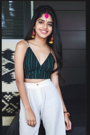 beautiful cute young attractive indian teenage girl, village girl, 18 years old, cute,  Instagram model, long black_hair, colorful hair, warm, dacing, in home sit at  bed,with cute smile, ,Indian,18yo girl