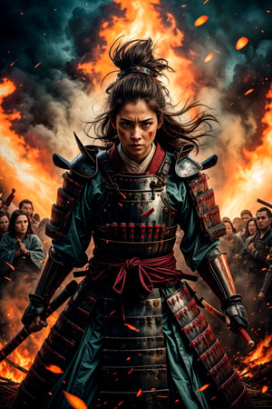 female samurai, charming eyes, long hair, angry, roaring, samurai armor, samurai sword {rising samurai sword}, running fast{runnung to audience}}, extremely bloody, forest on fire, flames, bright lights, sharp focus, perfect shading, masterpiece, best quality, extremely detailed, highres, photorealistic, full body