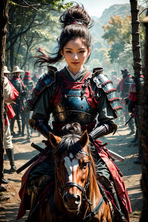 female samurai, evil smile, charming eyes, long hair, samurai armor, samurai sword, riding horse, forest, morning, bright lights, sharp focus, perfect shading, masterpiece, best quality, extremely detailed, highres, photorealistic, full body, photorealistic,perfect,photorealistic,hand,fingers,Samurai girl,armor