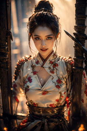 1girl, female monster, Sweet face, charming eyes{beautiful and detailed eyes}, evil smile, sexy lips, very long tongue, delicate facial features, bloody face, sharp teeth, holding a dagger ((model pose)), busty body type, huge breasts, long hair(dark hair:1.2),  long ponytail, curly hair, beautiful hanfu(white, transparent), japan temple (inside room, near window), sunset, flim grain, looking to audience, full body, masterpiece, Best Quality, natural and soft light photorealistic, ultra-detailed, finely detailed, high resolution, sharp-focus, glowing forehead, perfect shading, highres, photorealistic,perfect,horror