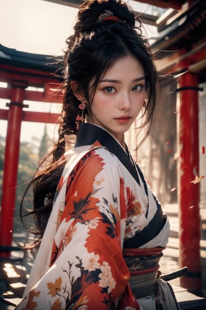 1girl, Sweet face, full body, very huge breasts, charming eyes, looking to audience, {beautiful and detailed eyes}, eye smile, ((nervous and embarrassed)), sexy lips, delicate facial features,((model pose)), Glamor body type, (dark hair:1.2),  long ponytail, straight hair, Female Samurai, {{holding a Japanese Sword}}, beautiful hanfu(blue, transparent), Japan temple, autumn morning, under maple tree, (maple leaf scattered), flim grain, masterpiece, Best Quality, natural and soft light photorealistic, ultra-detailed, finely detailed, high resolution, sharp-focus, glowing forehead, perfect shading, highres, photorealistic,perfect,photorealistic,hand,fingers
