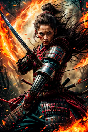 female samurai, charming eyes, long hair, angry, roaring, samurai armor, samurai sword {{rising samurai sword}}, runnung to audience(across many arrows), extremely bloody, forest, flames, bright lights, sharp focus, perfect shading, masterpiece, best quality, extremely detailed, highres, photorealistic, full body