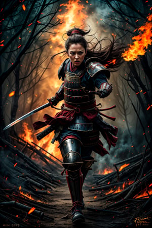 female samurai, charming eyes, long hair, angry, roaring, samurai armor, samurai sword {rising samurai sword}, running fast{runnung to audience}}, extremely bloody, forest on fire, flames, bright lights, sharp focus, perfect shading, masterpiece, best quality, extremely detailed, highres, photorealistic, full body