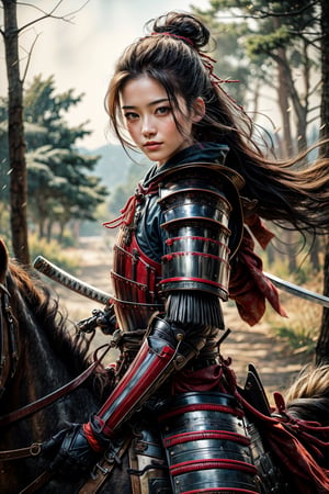 female samurai, evil smile, charming eyes, long hair, samurai armor, sideways, samurai sword, riding horse, forest, morning, bright lights, sharp focus, perfect shading, masterpiece, best quality, extremely detailed, highres, photorealistic, full body, photorealistic,perfect,photorealistic,hand,fingers,Samurai girl,armor