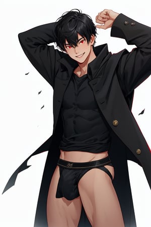 solo, looking at viewer, short hair, bangs, simple background, shirt, black hair, red eyes, 1boy, white background, hair between eyes, smile, standing, short sleeves, male focus, cowboy shot, black shirt, muscular, cloak, pouch,black-coat, jockstrap, underwear,male underwear, buldge