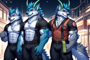 red eyes, 1boy, animal_ears,wolf_ears,wolf_tail ,blue hair,grey_fur, standing, male focus, furry, furry male,wolf boy,wolf,wearing a firefighter uniform,basic_background, horns_dragón, green_horns, sexy, bulge, bara_tiddies