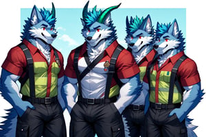 red eyes, 1boy, animal_ears,wolf_ears,wolf_tail ,blue hair, standing, male focus, furry, furry male,wolf boy,wolf,wearing a firefighter uniform,basic_background, horns_dragón, green_horns, sexy, bulge, bara_tiddi