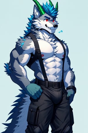 red eyes, 1boy, animal_ears,wolf_ears,wolf_tail ,blue hair,grey_fur, standing, male focus, furry, furry male,wolf boy,wolf,wearing a firefighter uniform,basic_background, horns_dragón, green_horns, sexy, bulge, bara_tiddies