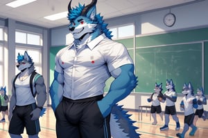 red eyes, 1boy, animal_ears,wolf_ears,wolf_tail ,blue hair,grey_fur, standing, male focus, furry, furry male,wolf boy,wolf,background_school, horns_dragón, green_horns, sexy, bulge, bara_tiddies, bulge,Physical_Education_Teacher, white_shirt