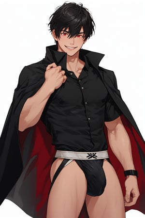 solo, looking at viewer, short hair, bangs, simple background, shirt, black hair, red eyes, 1boy, white background, hair between eyes, smile, standing, short sleeves, male focus, cowboy shot, black shirt, muscular, cloak, pouch,black-coat, jockstrap, underwear,male underwear, bulge, red_jockstrap