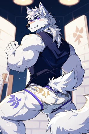 good_anatomy solo, long hair, animal ears, wolf_ears, purple eyes,tail, white hair, male focus,suit,wolf_tail, furry, furry male, white fur, wolf boy, full_body, underwear,underwear_only ,blue_briefs, ass,ass_focus,Underwear with dog printed on it, frong_view