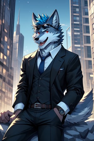 looking at viewer, open mouth, shirt, red eyes, 1boy, animal ears, blue hair, sitting in a rock, jacket, tail, white shirt, weapon, male focus, cowboy shot, outdoors, open clothes, necktie, horns, collared shirt, belt, pants, bracelet, open jacket, black jacket, fangs, black pants, formal, sunglasses, suspenders, suit, building, black necktie, furry, handgun, watch, city, hands in pockets, wristwatch, cityscape, holster, furry male, skyscraper, black suit, wolf boy,wolf,green_horns,wolfboy, sunglasses