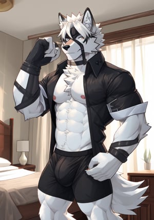 best quality, ultra high res,1furry boy, solo,,((detailed eyes)), volumetric lighting, amazing, finely detail, indoors,in a bedroom ,underwear_only,black_boxers,underwear_bulge,( fur, furry, (((white fur)))), white hair, lycaon, short hair, wolf ears, eye_patch, tail, wolf boy,  red eyes,white fur, eyepatch