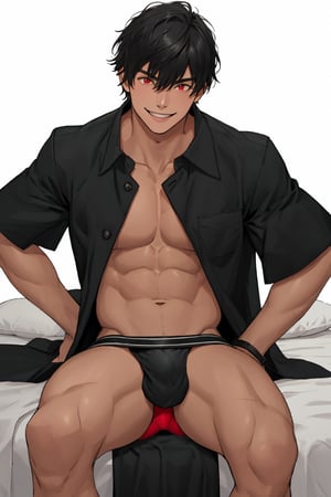 solo, looking at viewer, short hair, bangs,room background, shirt, black hair, red eyes, 1boy, white background, hair between eyes, smile,sitting in a bed, short sleeves, male focus, cowboy shot, black shirt, muscular, cloak, pouch,black-coat, jockstrap, underwear,male underwear, bulge, red_jockstrap, open_legs