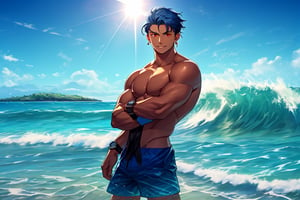 A dark-skinned male stands confidently on the sandy Beautiful Beach, looking directly at the viewer with a serious expression. His short, dark blue hair is styled perfectly, and his red eyes seem to pierce through the camera lens. He wears a swimsuit that accentuates his toned pectorals, and a wristwatch adorns his arm. A strand of hair falls across his forehead, adding to his rugged charm. A subtle grin plays on his lips, as he gazes out at the sea. His dark skin glistens in the sunlight, and earrings glint from his ears. The background beach stretches out behind him, with waves crashing against the shore.,Beautiful Beach