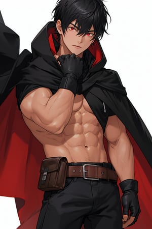 solo, looking at viewer, short hair, bangs, simple background, shirt, black hair, red eyes, gloves, 1boy, white background, hair between eyes, closed mouth, standing, short sleeves, male focus, cowboy shot, black gloves, belt, pants, hood, fingerless gloves, cape, black shirt, covered navel, muscular, black pants, hood down, cloak, pouch, black cape, belt pouch, covered abs