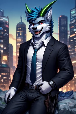 looking at viewer, open mouth, shirt, red eyes, 1boy, animal ears, blue hair, sitting in a rock, jacket, tail, white shirt, weapon, male focus, cowboy shot, outdoors, open clothes, necktie, horns, collared shirt, belt, pants, bracelet, open jacket, black jacket, gun, fangs, black pants, formal, sunglasses, suspenders, suit, building, black necktie, furry, handgun, watch, city, hands in pockets, wristwatch, cityscape, holster, furry male, skyscraper, black suit, wolf boy,wolf,green_horns,wolfboy