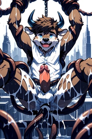 background_city,male_focus, blue_eyes,animal_ears,cowboy,cow_ears,cow_horns,furry,furry_male,cowboy_shot,short-hair,brown-hair, brown-fur, brown-hair, good_anatomy,ass, colored_penis,antrho_penis,tentacle, tentacle_sex, ass,anus ,spread legs, (restrained:1.2),anus ,tentacles, front_view, tentacle_penetration, sticky_cum, forced, shota, cry