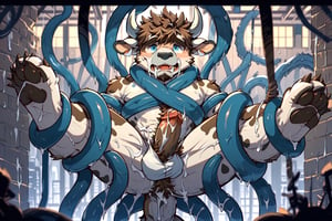 background_city,male_focus, blue_eyes,animal_ears,cowboy,cow_ears,cow_horns,furry,furry_male,cowboy_shot,short-hair,brown-hair, brown-fur, brown-hair, good_anatomy,ass, colored_penis,antrho_penis,tentacle, tentacle_sex, ass,anus ,spread legs, (restrained:1.2),anus ,tentacles, front_view, tentacle_penetration, sticky_cum, forced, shota