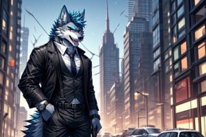 looking at viewer, open mouth, shirt, red eyes, 1boy, animal ears, blue hair, , jacket, tail, white shirt, weapon, male focus, outdoors, open clothes, necktie, horns, collared shirt, belt, pants, bracelet, open jacket, black jacket, fangs, black pants, formal, sunglasses, suspenders, suit, building, black necktie, furry, handgun, watch, city, hands in pockets, wristwatch, cityscape, holster, furry male, skyscraper, black suit, wolf boy,wolf,green_horns,wolfboy, sunglasses, solo, 1boy,nodf_lora