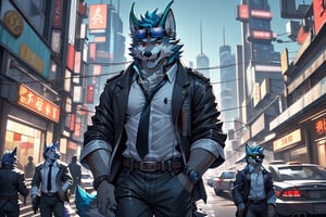 looking at viewer, open mouth, shirt, red eyes, 1boy, animal ears, blue hair, , jacket, tail, white shirt, weapon, male focus, cowboy shot, outdoors, open clothes, necktie, horns, collared shirt, belt, pants, bracelet, open jacket, black jacket, fangs, black pants, formal, sunglasses, suspenders, suit, building, black necktie, furry, handgun, watch, city, hands in pockets, wristwatch, cityscape, holster, furry male, skyscraper, black suit, wolf boy,wolf,green_horns,wolfboy, sunglasses,Cyberpunk, solo, 1boy