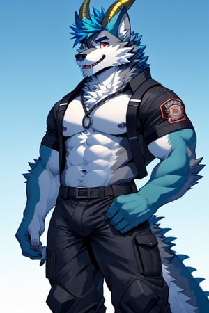 red eyes, 1boy, animal_ears,wolf_ears,wolf_tail ,blue hair,grey_fur, standing, male focus, furry, furry male,wolf boy,wolf,wearing a firefighter uniform,basic_background, horns_dragón, green_horns, sexy, bulge, bara_tiddies