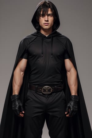 solo, looking at viewer, short hair, bangs, simple background, shirt, black hair, red eyes, gloves, 1boy, white background, hair between eyes, closed mouth, standing, short sleeves, male focus, cowboy shot, black gloves, belt, pants, hood, fingerless gloves, cape, black shirt, muscular, black pants, hood down, cloak, pouch, black cape,Lorenzo_Martinez,Masterpiece