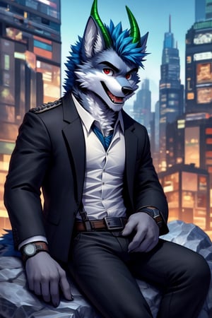 looking at viewer, open mouth, shirt, red eyes, 1boy, animal ears, blue hair, sitting in a rock, jacket, tail, white shirt, weapon, male focus, cowboy shot, outdoors, open clothes, necktie, horns, collared shirt, belt, pants, bracelet, open jacket, black jacket, gun, fangs, black pants, formal, sunglasses, suspenders, suit, building, black necktie, furry, handgun, watch, city, hands in pockets, wristwatch, cityscape, holster, furry male, skyscraper, black suit, wolf boy,wolf,green_horns,wolfboy
