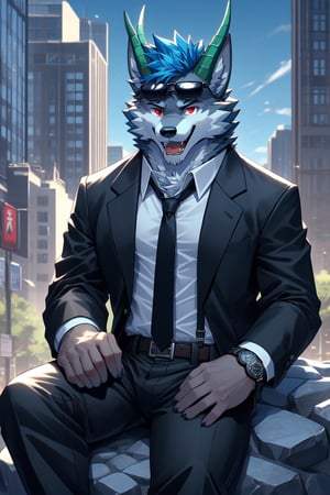 looking at viewer, open mouth, shirt, red eyes, 1boy, animal ears, blue hair, sitting in a rock, jacket, tail, white shirt, weapon, male focus, cowboy shot, outdoors, open clothes, necktie, horns, collared shirt, belt, pants, bracelet, open jacket, black jacket, fangs, black pants, formal, sunglasses, suspenders, suit, building, black necktie, furry, handgun, watch, city, hands in pockets, wristwatch, cityscape, holster, furry male, skyscraper, black suit, wolf boy,wolf,green_horns,wolfboy, sunglasses