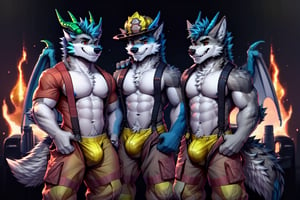 red eyes, 1boy, animal_ears,wolf_ears,wolf_tail ,blue hair,grey_fur, standing, male focus, furry, furry male,wolf boy,wolf,wearing a firefighter uniform,basic_background, horns_dragón, green_horns, sexy, bulge, bara_tiddies,firemenoutfit