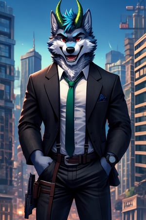 looking at viewer, open mouth, shirt, red eyes, 1boy, animal ears, blue hair, standing, jacket, tail, white shirt, weapon, male focus, cowboy shot, outdoors, open clothes, necktie, horns, collared shirt, belt, pants, bracelet, open jacket, black jacket, gun, fangs, black pants, formal, sunglasses, suspenders, suit, building, black necktie, furry, handgun, watch, city, hands in pockets, wristwatch, cityscape, holster, furry male, skyscraper, black suit, wolf boy,wolf,green_horns,