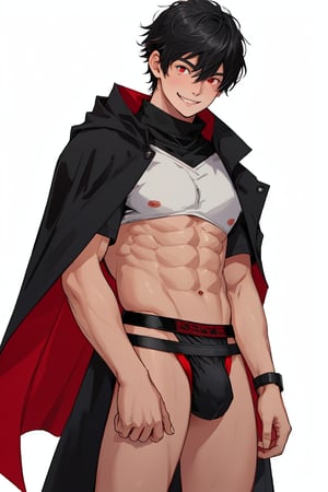 solo, looking at viewer, short hair, bangs, simple background, shirt, black hair, red eyes, 1boy, white background, hair between eyes, smile, standing, short sleeves, male focus, cowboy shot, black shirt, muscular, cloak, pouch,black-coat, jockstrap, underwear,male underwear, bulge, red_jockstrap