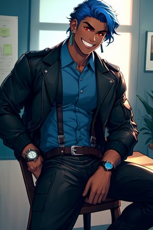 solo, looking at viewer,serious ,short hair, shirt, red eyes, 1boy, jewelry, sitting, blue hair, jacket, male focus, earrings, alternate costume, collared shirt, belt, pants, indoors, dark skin, grin, black jacket, window, chair, black pants,, dark-skinned male, suspenders, pectorals, watch, jacket on shoulders, wristwatch, dark blue hair, hair strand,Extremely Realistic