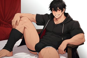 solo, looking at viewer, short hair, bangs,room background, shirt, black hair, red eyes, 1boy, white background, hair between eyes, smile,sitting in a bed, short sleeves, male focus, cowboy shot, black shirt, muscular, cloak, pouch,black-coat, jockstrap, underwear,male underwear, bulge, red_jockstrap, open_legs