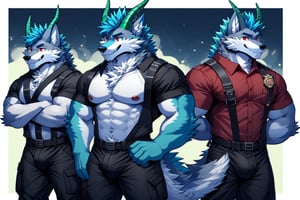 red eyes, 1boy, animal_ears,wolf_ears,wolf_tail ,blue hair, standing, male focus, furry, furry male,wolf boy,wolf,wearing a firefighter uniform,basic_background, horns_dragón, green_horns, sexy, bulge, bara_tiddies