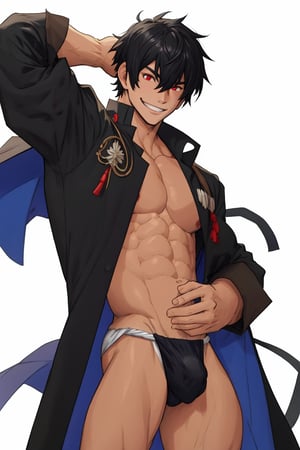 solo, looking at viewer, short hair, bangs,house_background, shirt, black hair, red eyes, 1boy, white background, hair between eyes, smile,stading, short sleeves, male focus, cowboy shot, black shirt, muscular, cloak, pouch,black-coat, underwear,male underwear, bulge,open_legs,japanese clothes, fundoshi