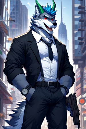 looking at viewer, open mouth, shirt, red eyes, 1boy, animal ears, blue hair, standing, jacket, tail, white shirt, weapon, male focus, cowboy shot, outdoors, open clothes, necktie, horns, collared shirt, belt, pants, bracelet, open jacket, black jacket, gun, fangs, black pants, formal, sunglasses, suspenders, suit, building, black necktie, furry, handgun, watch, city, hands in pockets, wristwatch, cityscape, holster, furry male, skyscraper, black suit, wolf boy,wolf,green_horns,