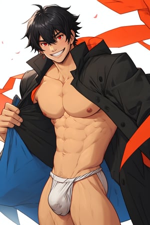 solo, looking at viewer, short hair, bangs,house_background, shirt, black hair, red eyes, 1boy, white background, hair between eyes, smile,stading, short sleeves, male focus, cowboy shot, black shirt, muscular, cloak, pouch,black-coat, underwear,male underwear, bulge,open_legs,japanese clothes, fundoshi