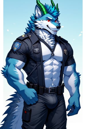 red eyes, 1boy, animal_ears,wolf_ears,wolf_tail ,blue hair, standing, male focus, furry, furry male,wolf boy,wolf,wearing a police uniform,basic_background, horns_dragón, green_horns, sexy, bulge, bara_tiddies