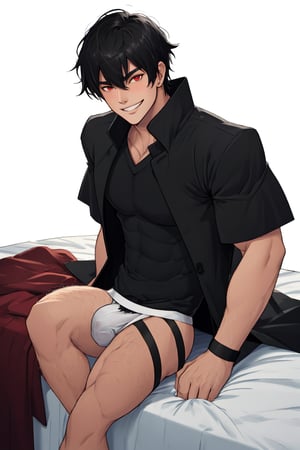 solo, looking at viewer, short hair, bangs,room background, shirt, black hair, red eyes, 1boy, white background, hair between eyes, smile,sitting in a bed, short sleeves, male focus, cowboy shot, black shirt, muscular, cloak, pouch,black-coat, jockstrap, underwear,male underwear, bulge, red_jockstrap, open_legs